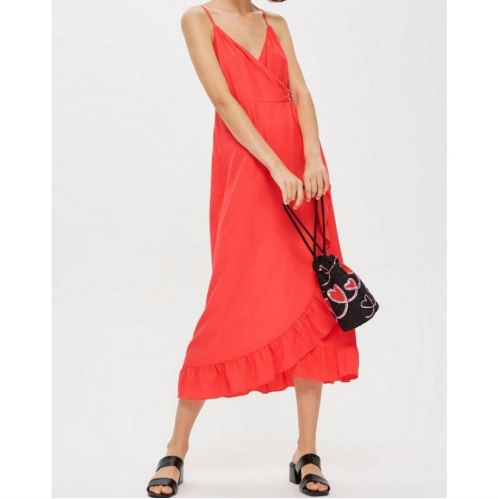 Topshop | Ruffle Wrap Dress Midi Coral Size 2